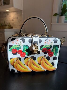 Dolce & Gabbana White Polka Dot Fruit-Print Top-Handle Bag